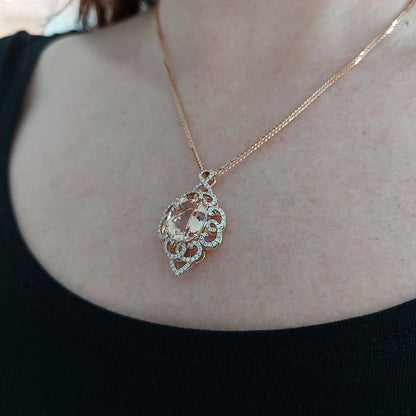 8.55ct Oval Morganite and Diamond Cluster Pendant Necklace in 18ct Rose Gold