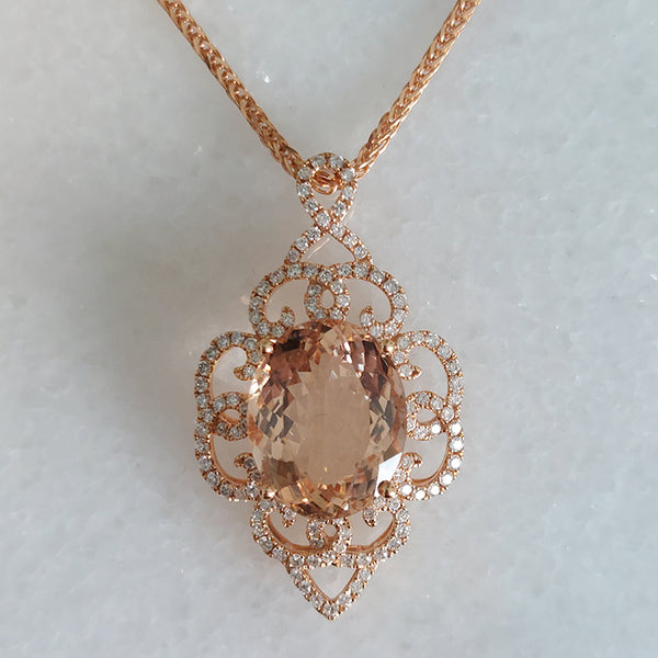 8.55ct Oval Morganite and Diamond Cluster Pendant Necklace in 18ct Rose Gold