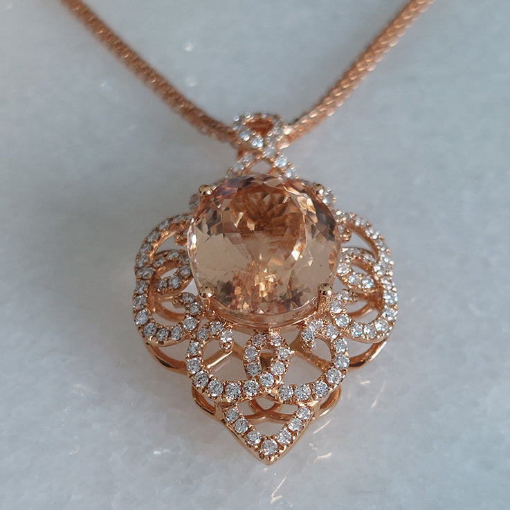 8.55ct Oval Morganite and Diamond Cluster Pendant Necklace in 18ct Rose Gold