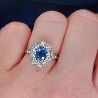 1.50ct Oval Blue Sapphire and Diamond Cluster Ring
