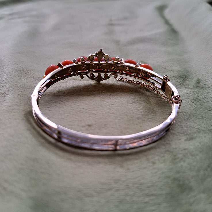 Antique Coral Bangle Bracelet with Pearls