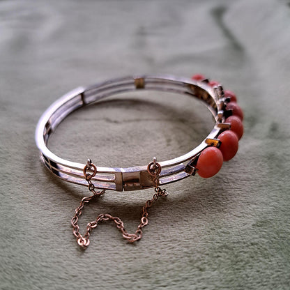 Antique Coral Bangle Bracelet with Pearls in 800