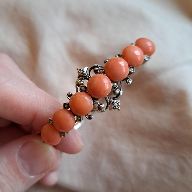 Antique Coral Bangle Bracelet with Pearls