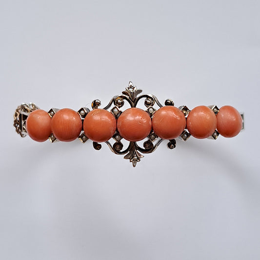 Antique Coral Bangle Bracelet with Pearls in 800