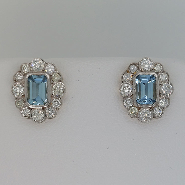 1ct Aquamarine and Diamond Cluster Stud Earrings