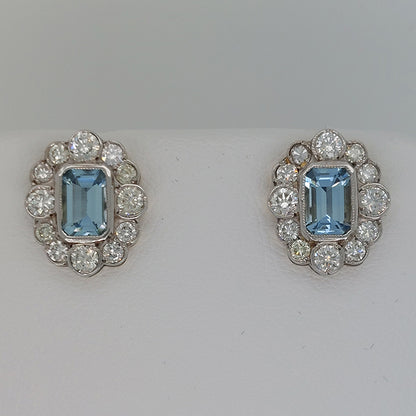 1ct Aquamarine and Diamond Cluster Stud Earrings