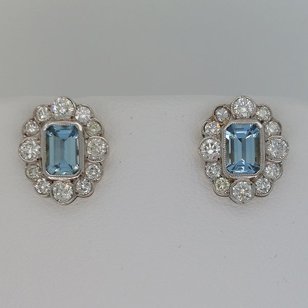 1ct Aquamarine and Diamond Cluster Stud Earrings