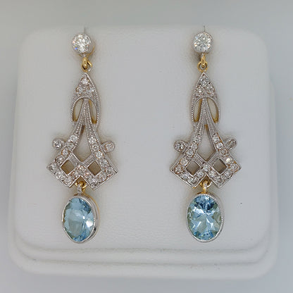 Decorative Pair of 2.10ct Aquamarine and Diamond Long Drop Earrings