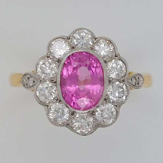 1.60ct Oval Pink Sapphire and Diamond Floral Cluster Ring