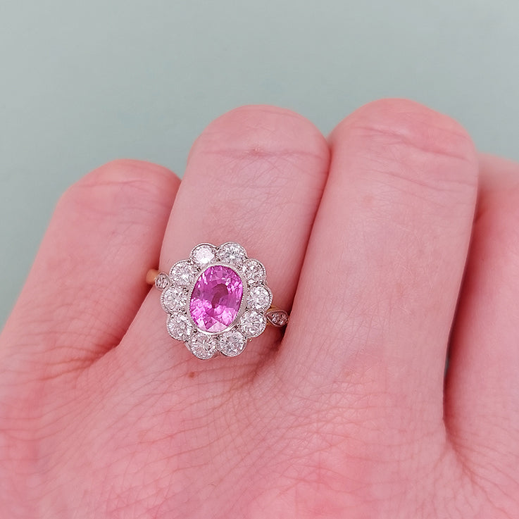 1.60ct Oval Pink Sapphire and Diamond Floral Cluster Ring