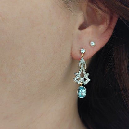 Decorative Pair of 2.10ct Aquamarine and Diamond Long Drop Earrings