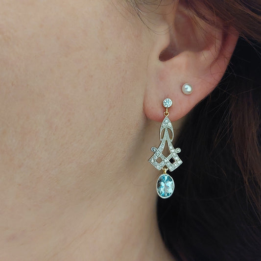 Decorative Pair of 2.10ct Aquamarine and Diamond Long Drop Earrings