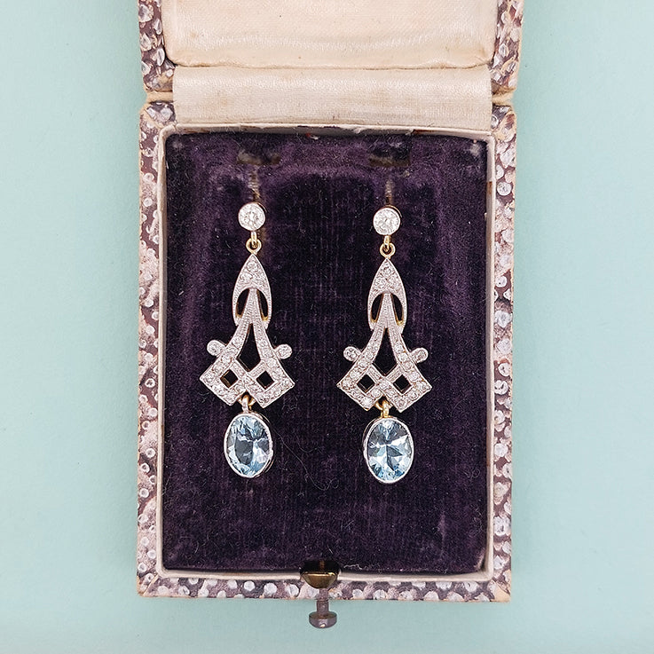 2.10ct Aquamarine and Diamond Long Drop Earrings