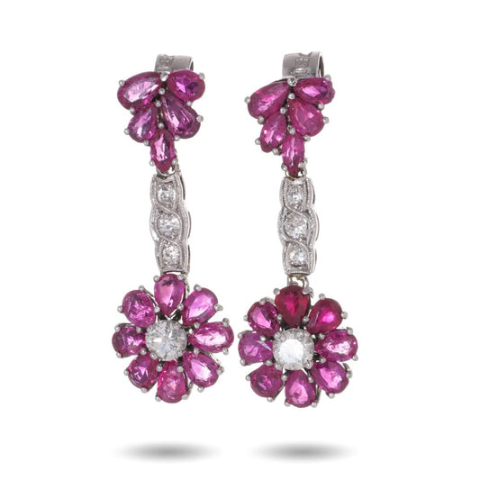 Vintage Drop Earrings With Rubies And Diamonds In 18 Carat White Gold