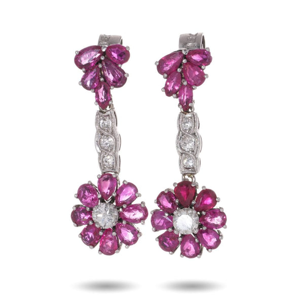 Vintage Drop Earrings With Rubies And Diamonds In 18 Carat White Gold