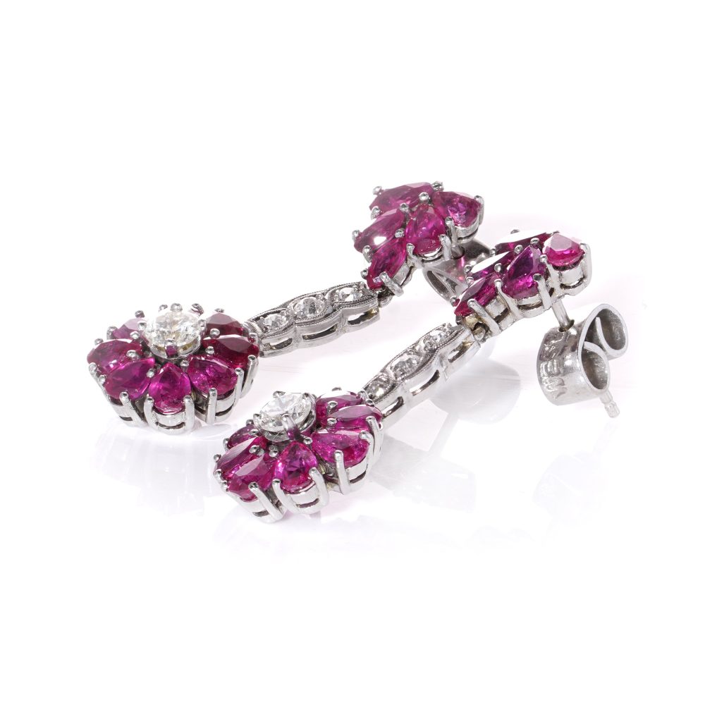 Vintage Drop Earrings With Rubies And Diamonds In 18 Carat White Gold