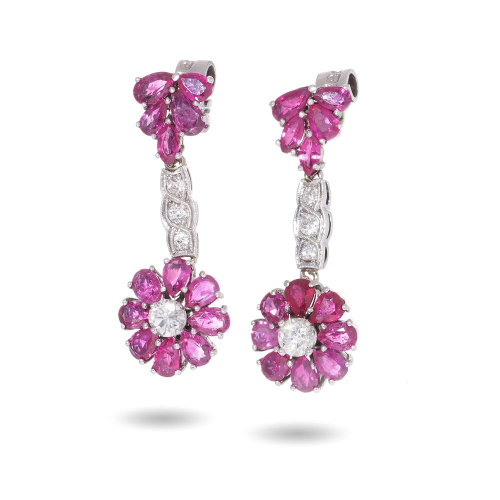 Vintage Drop Earrings With Rubies And Diamonds In 18 Carat White Gold