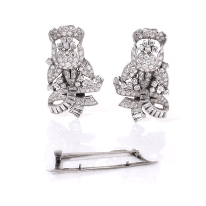 Diamond, platinum and gold double-clip/pendant flower-shaped brooch.