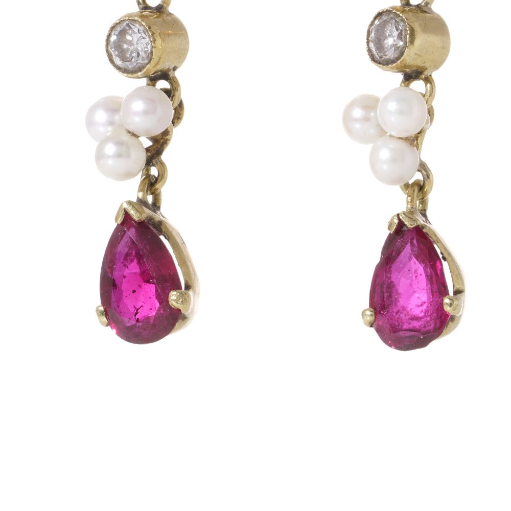 Vintage gold drop earrings set with rubies, diamonds and pearls.