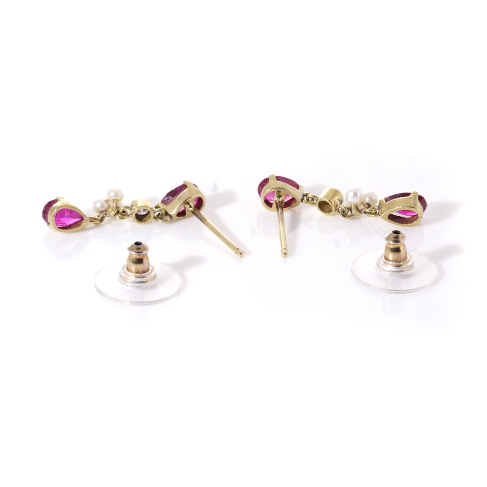 Vintage gold drop earrings set with rubies, diamonds and pearls.