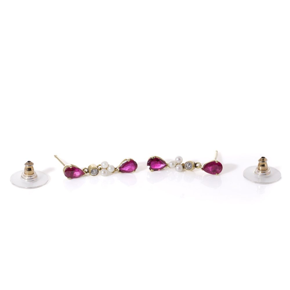 Vintage gold drop earrings set with rubies, diamonds and pearls.
