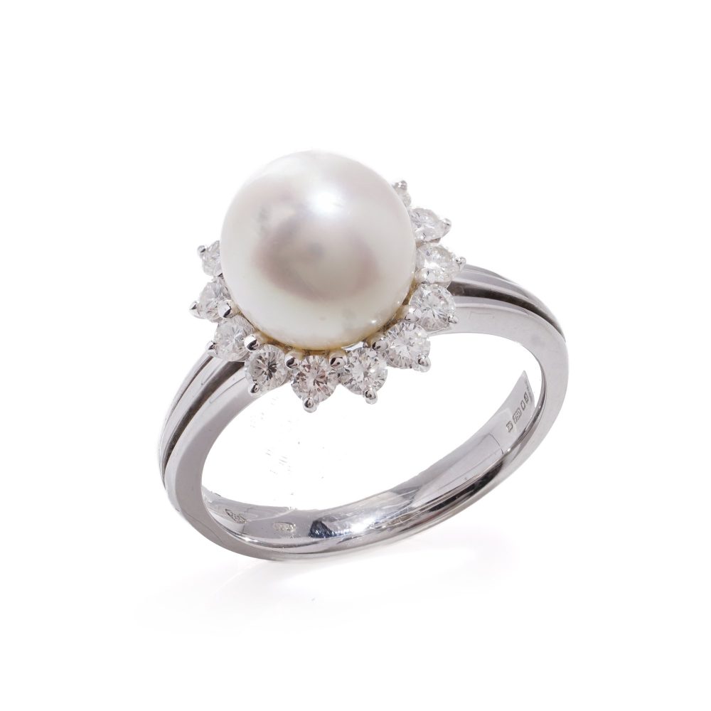 Mappin & Webb pearl and diamond cluster ring in white gold.