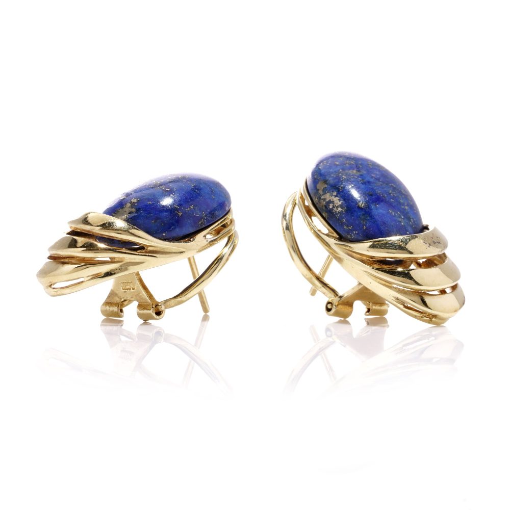 Vintage gold clip-on stud earrings with lapis lazuli stones.