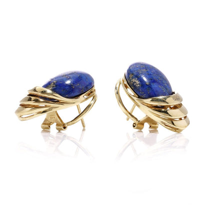 Vintage gold clip-on stud earrings with lapis lazuli stones.