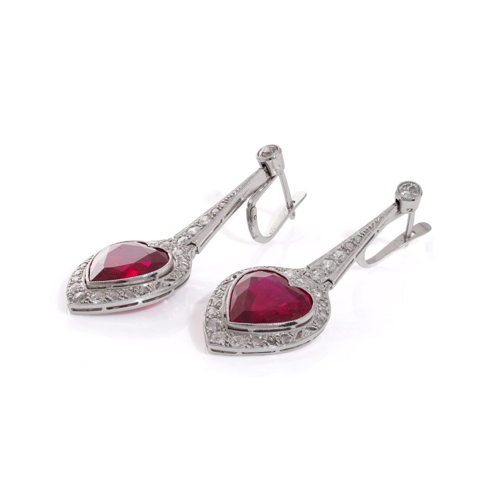 Platinum earrings with rubies and diamonds.