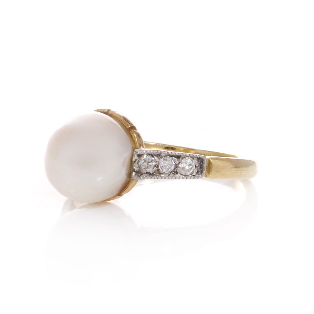Vintage Pearl And Diamond Ring In 18 Carat Yellow Gold And Palladium