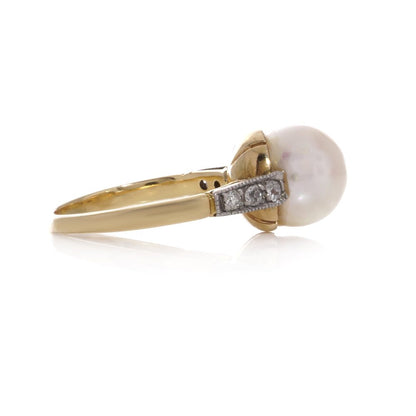 Vintage Pearl And Diamond Ring In 18 Carat Yellow Gold And Palladium