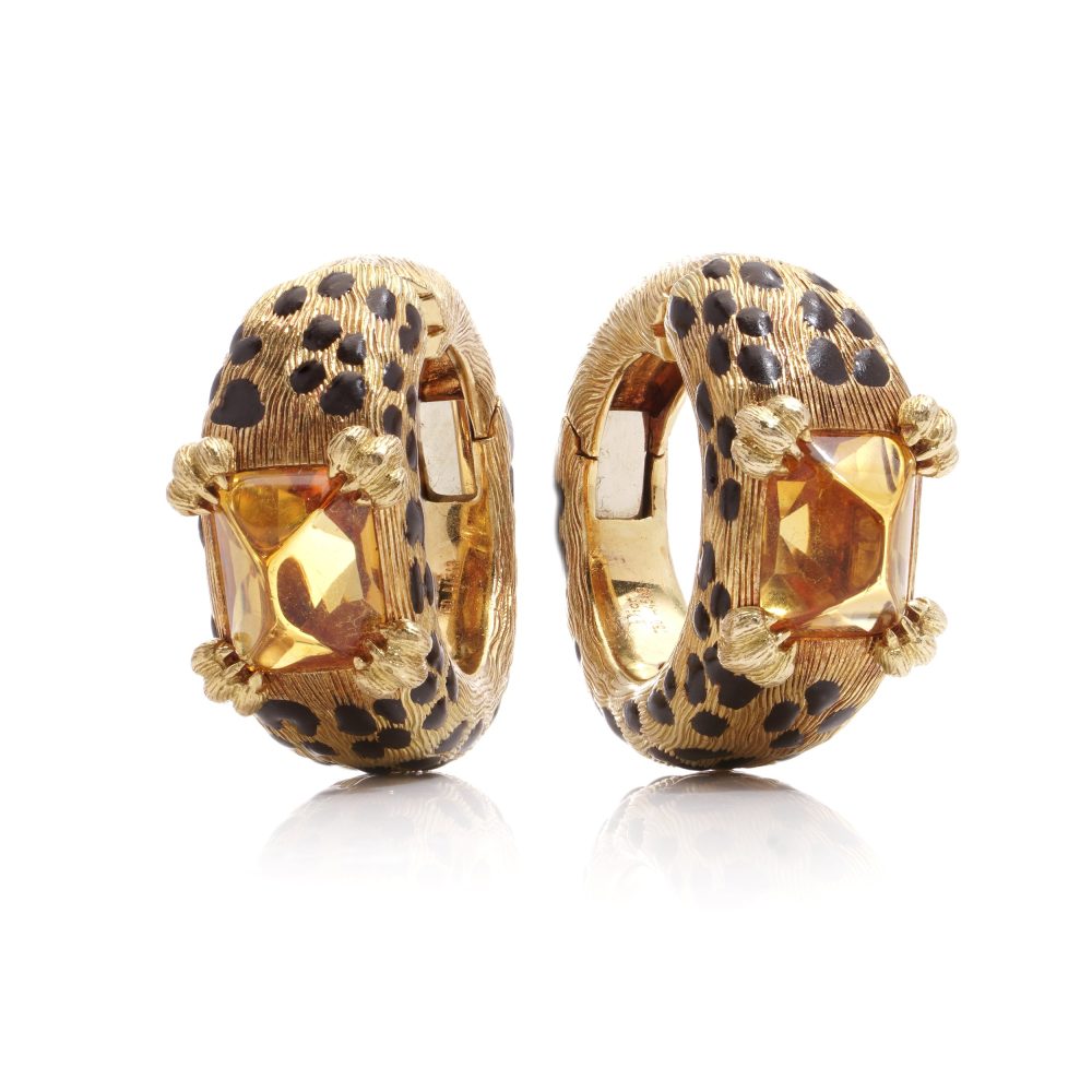 Dior Citrine And Enamel Leopard Design Clip Earrings In 18 Carat Gold