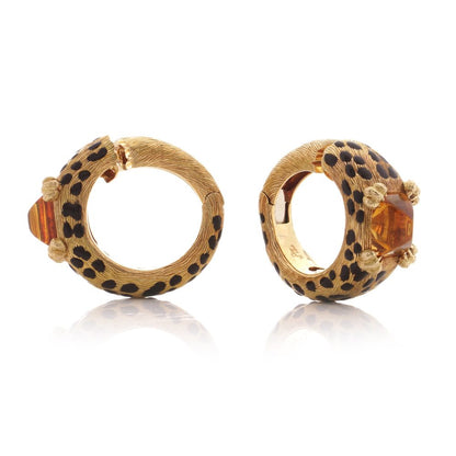 Dior leopard design citrine clip earrings in gold and black enamel.
