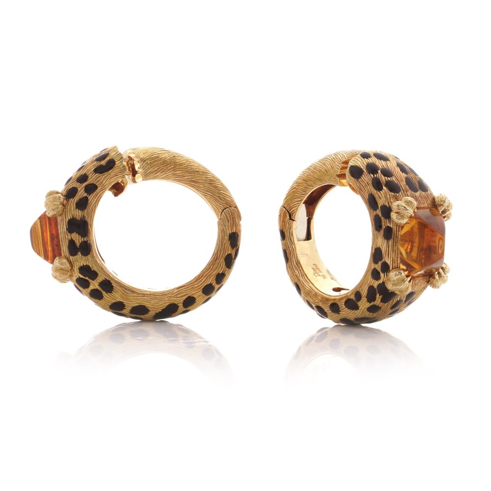 Dior Citrine And Enamel Leopard Design Clip Earrings In 18 Carat Gold