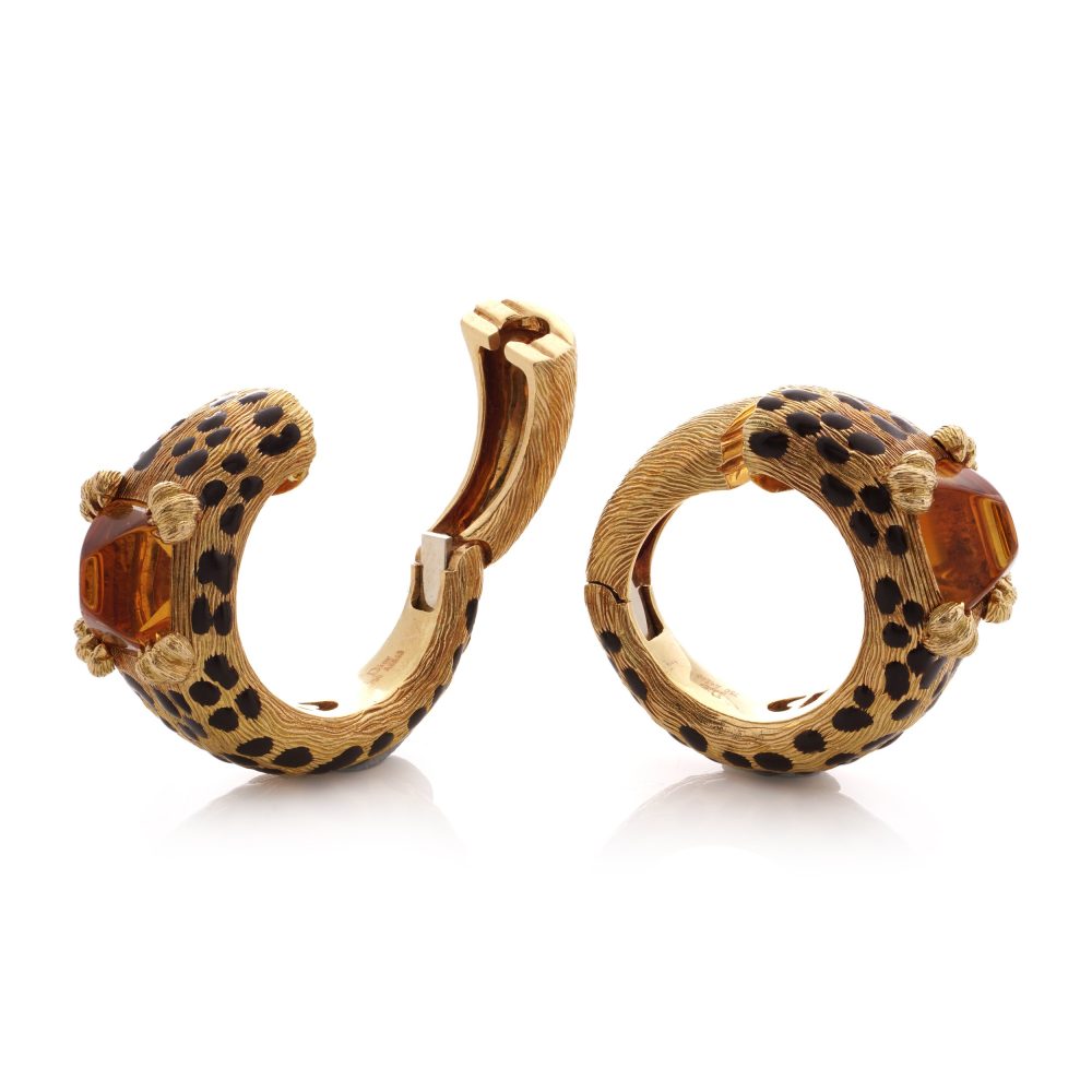 Dior leopard design citrine clip earrings in gold and black enamel.