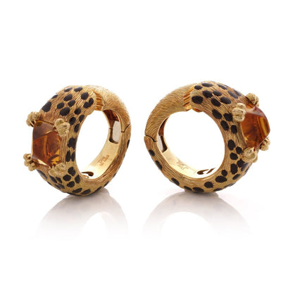 Dior leopard design citrine clip earrings in gold and black enamel.