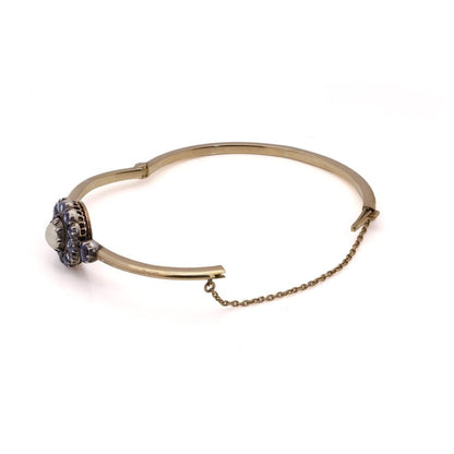 Victorian gold and silver sapphire cluster bangle with natural pearl.