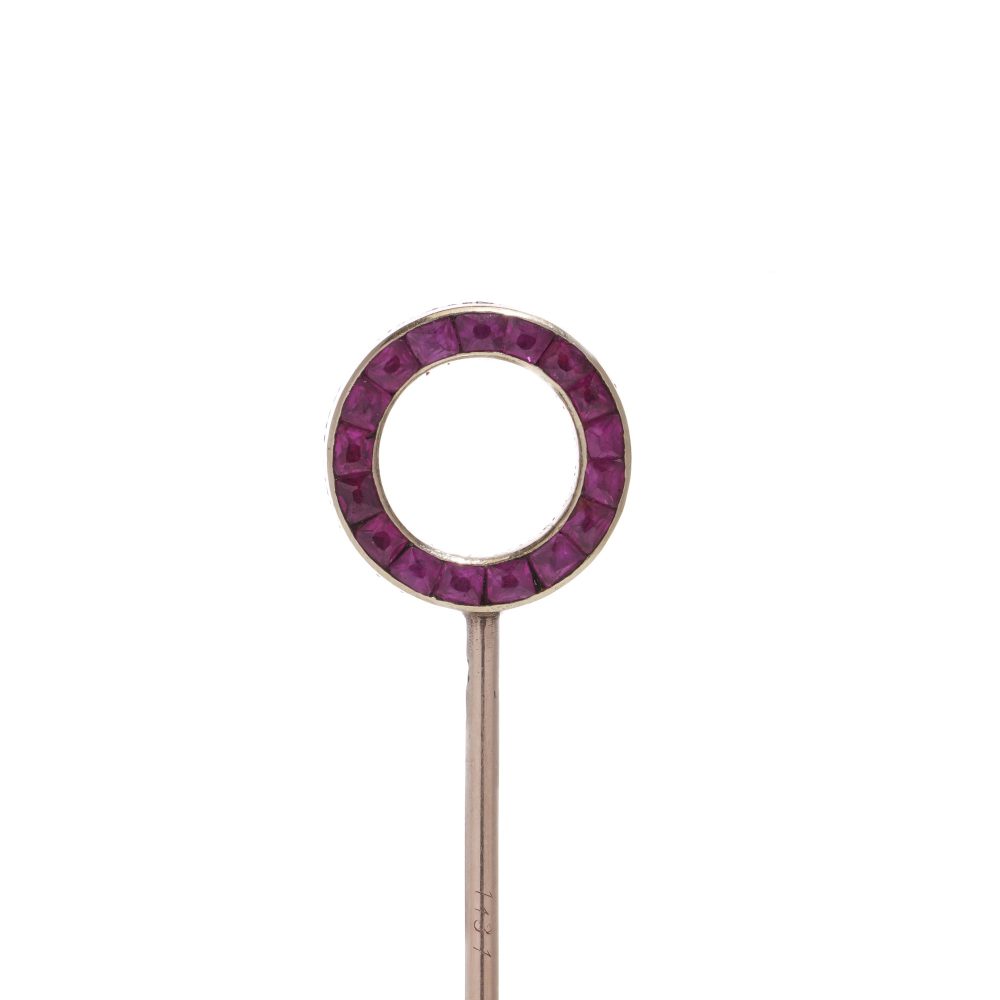 Cartier Art Deco gold and platinum ruby and diamond pin brooch.