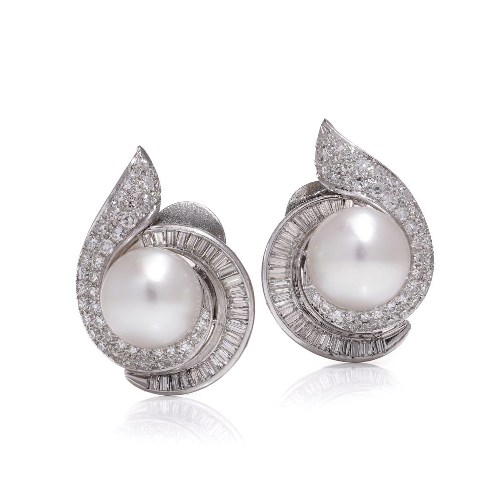 Vintage platinum pearl and diamond cluster earrings
