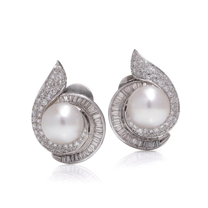 Vintage platinum pearl and diamond cluster earrings