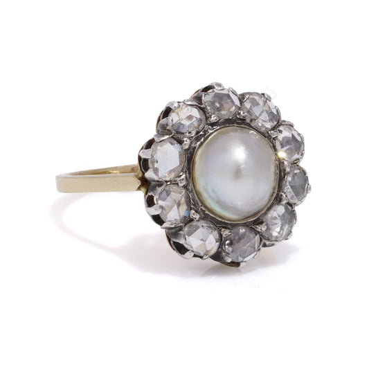 Victorian pearl and diamond cluster ring in gold and silver.