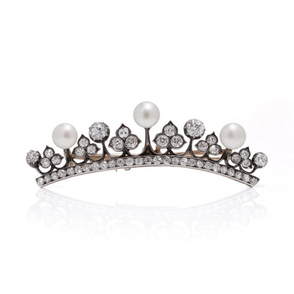Diamond and pearl tiara brooch in rose gold and silver.