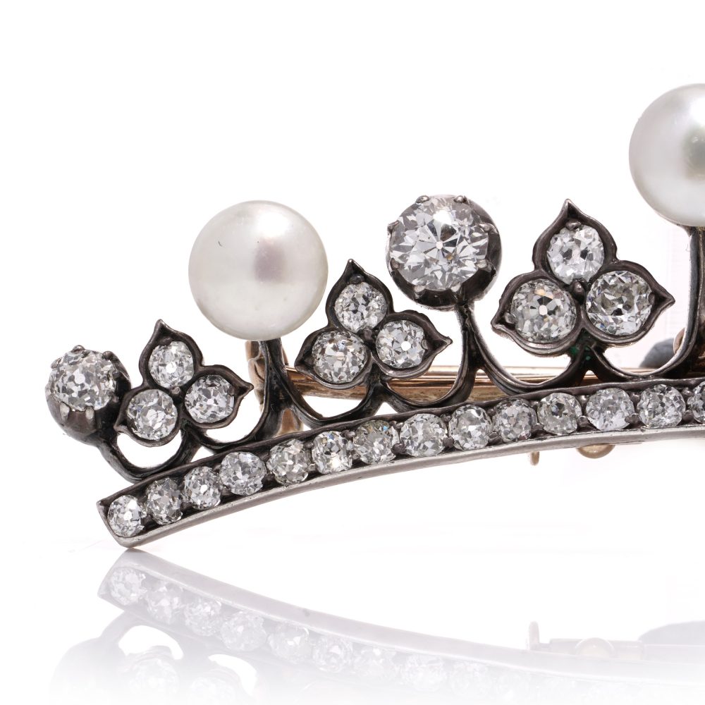Diamond and pearl tiara brooch in rose gold and silver.