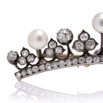 Diamond and pearl tiara brooch in rose gold and silver.