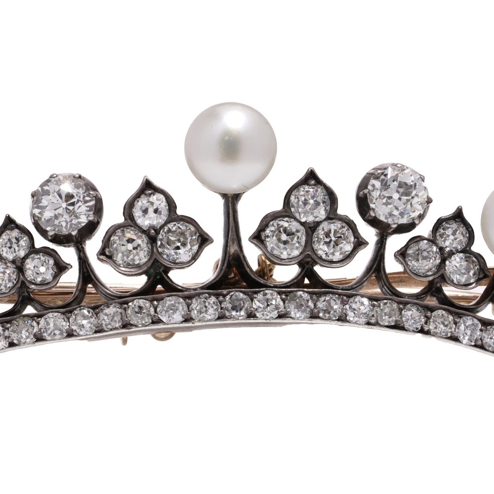 Diamond and pearl tiara brooch in rose gold and silver.