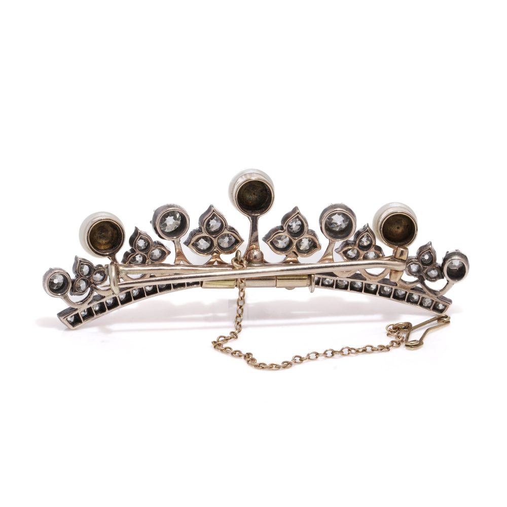 Diamond and pearl tiara brooch in rose gold and silver.