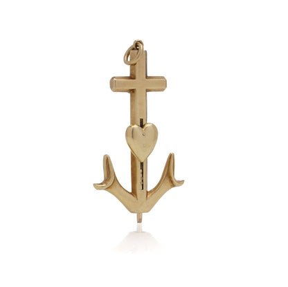 Antique Victorian Sampson & Mordan 18ct Yellow Gold Anchor Pencil Pendant, anchor cross and heart motif propelling pencil, Circa 1850