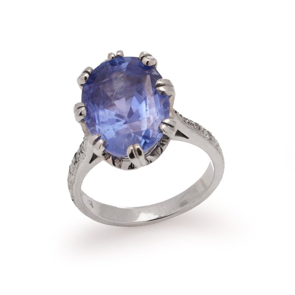 Platinum sapphire and diamond ring.