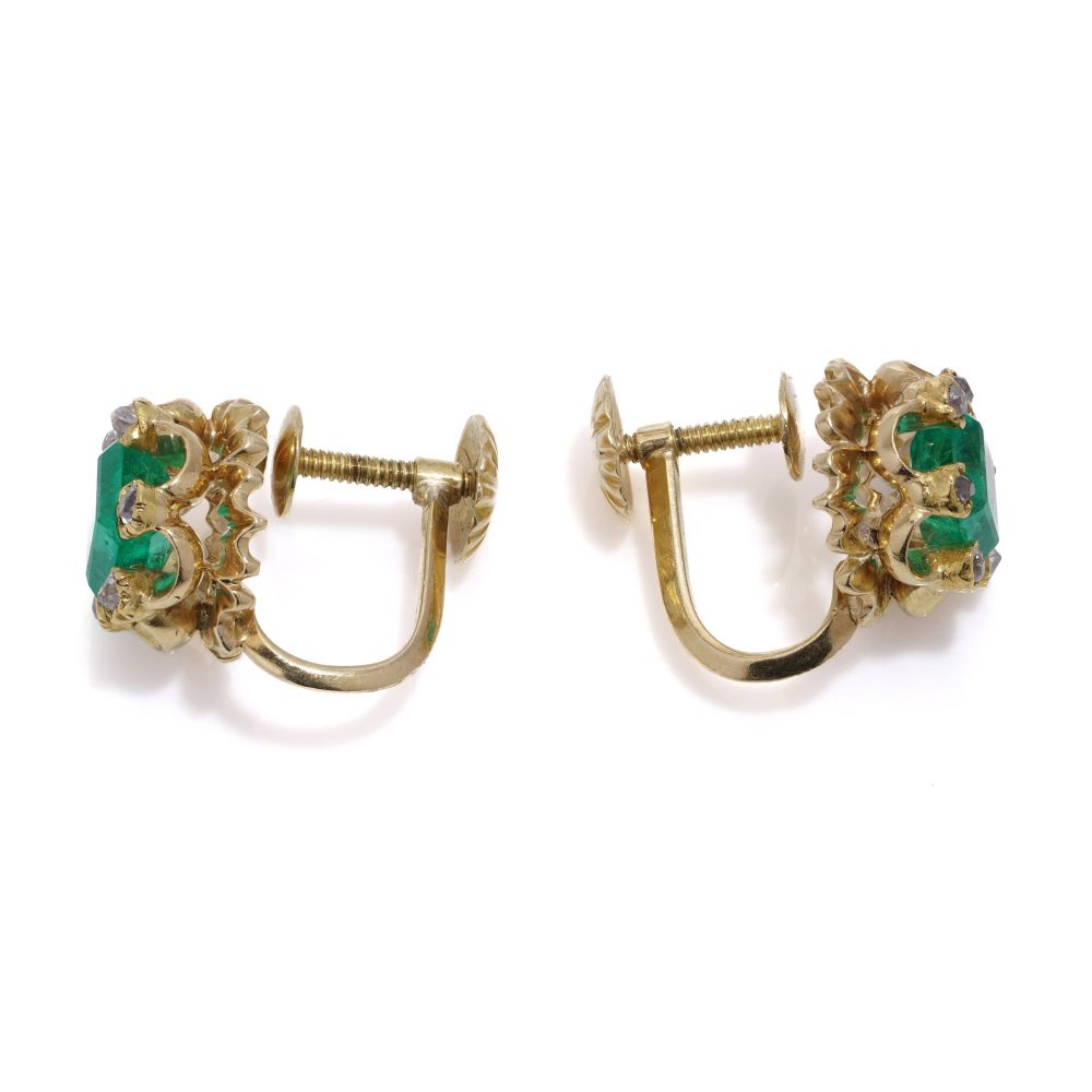 Edwardian emerald and diamond earrings in gold.