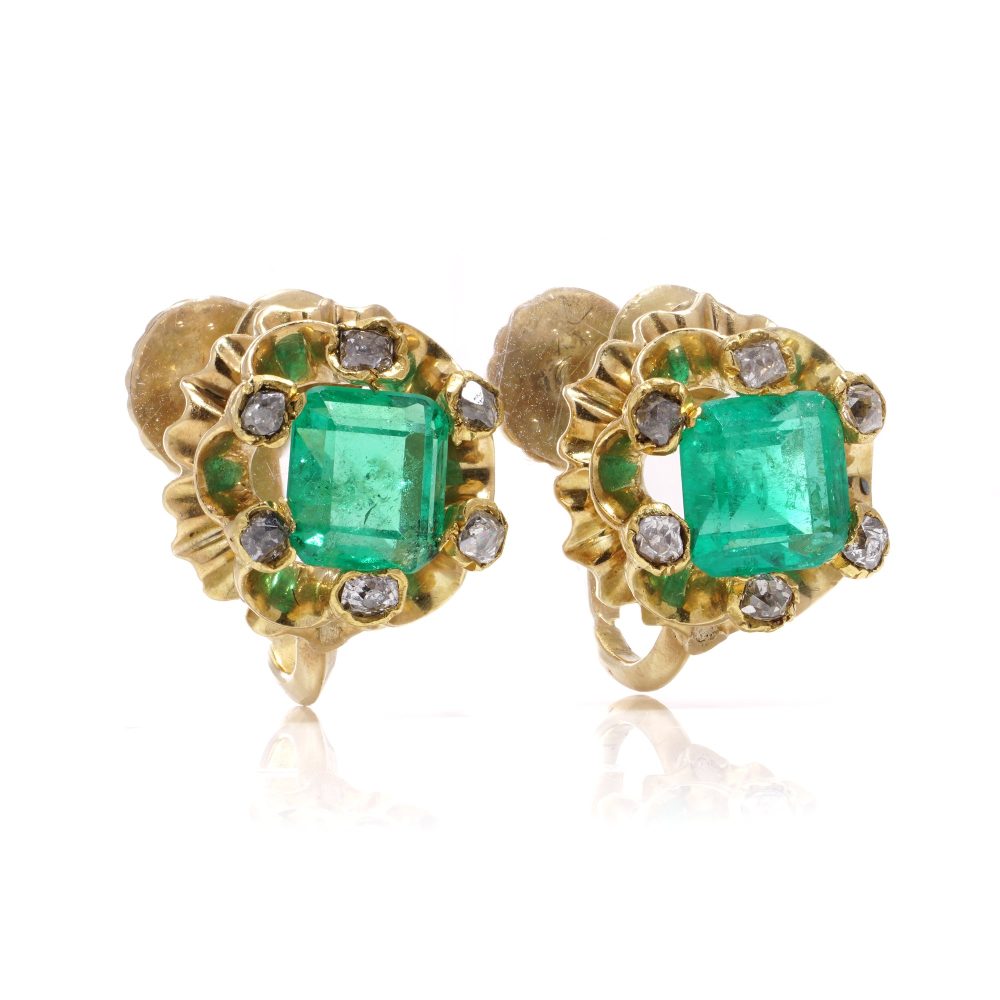 Edwardian emerald and diamond earrings in gold.